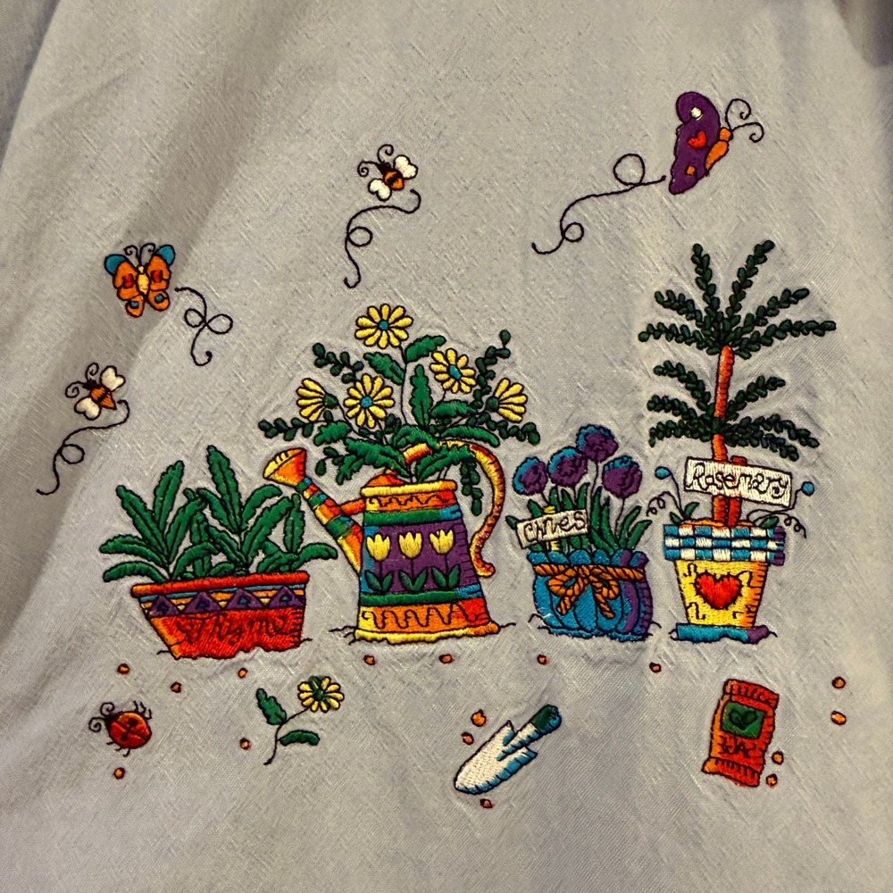 Casey Coleman Vintage Blue Cotton Embroidered Garden Shirt‎ Womens Plant LadyM/L